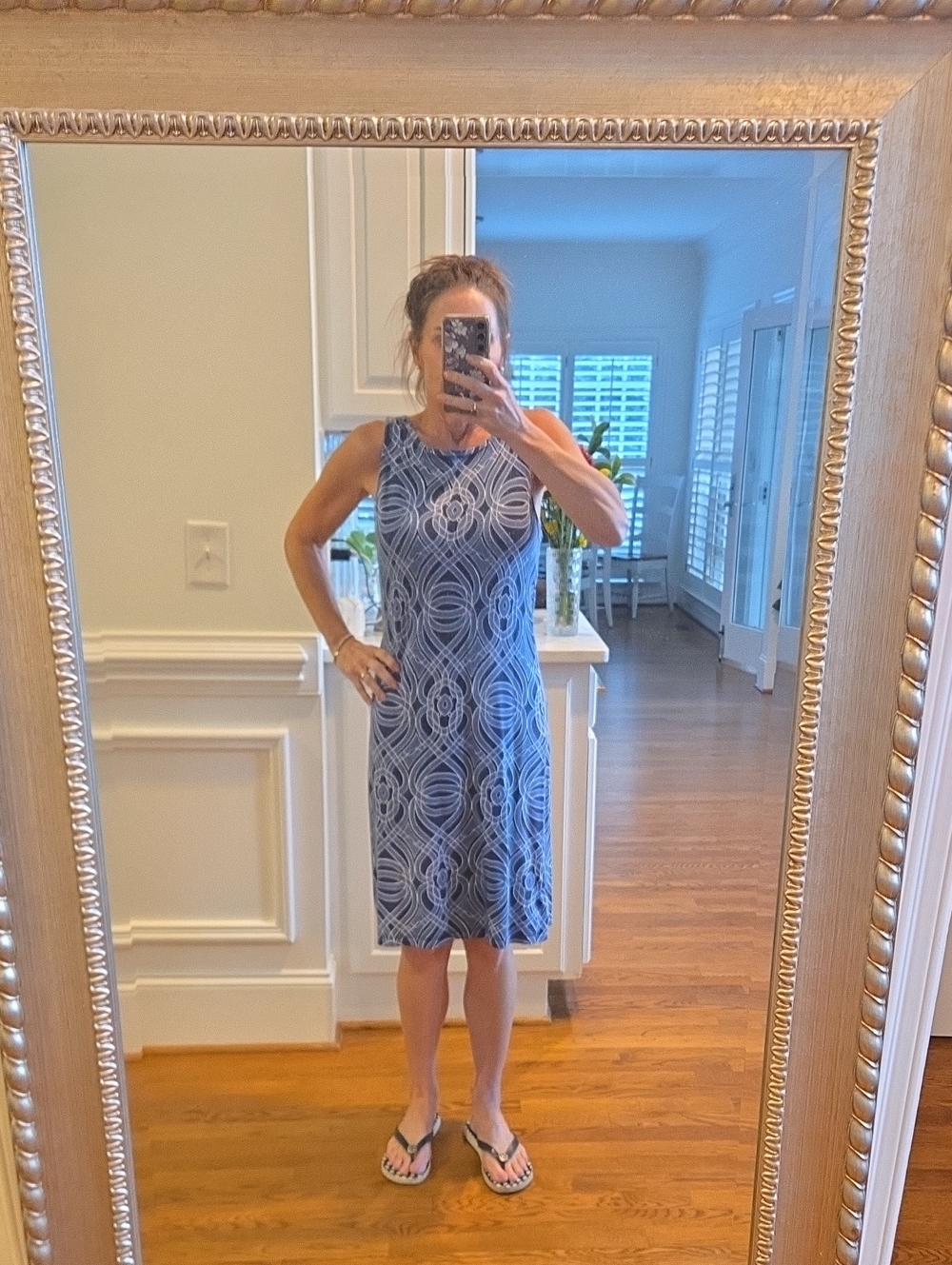 Ann Taylor Navy and White Sleeveless Midi Dress with Geometric Print